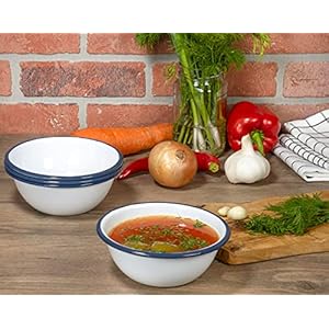 Redcosetof4enamelwaremetalclassic20ozroundcerealbowlsolidwhitenavybluerim Urban Country Home Decor Red co set of 4 enamelware metal classic 20 oz round cereal bowl solid whitenavy blue rim urban country home decor