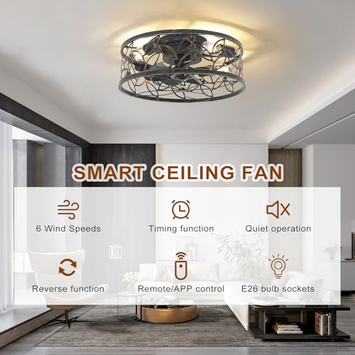 Image of Garwarm 18 inch Caged Ceiling Fan with Light, Bronze Fandelier with Remote | Farmhouse Ceiling Fan,Low Profile Flush Mount Fan Light, 6-Speed Reversible DC Motor for Small Bedroom, Kitchen, Dining Room