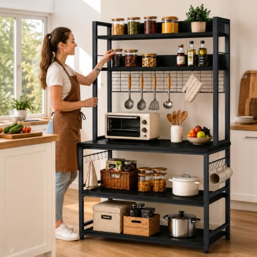 Image of 5-Tier Kitchen Organizer Rack-Multipurpose Microwave Stand for Kitchen Platform & OTG Oven-Steel Utensils Storage Shelf with Hooks - Engineered Wood & Metal Rack for Home- 100x40x170 cm - Black