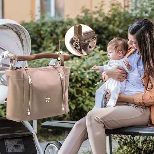 Image of miss fong Diaper Bag Tote Leather Diaper Bag Backpack, Large Capacity Mommy Bag Hospital Bag, 12 Pockets Travel Diaper Tote with Changing Pad Panaleras Para Bebe for Moms & Dad-Khaki