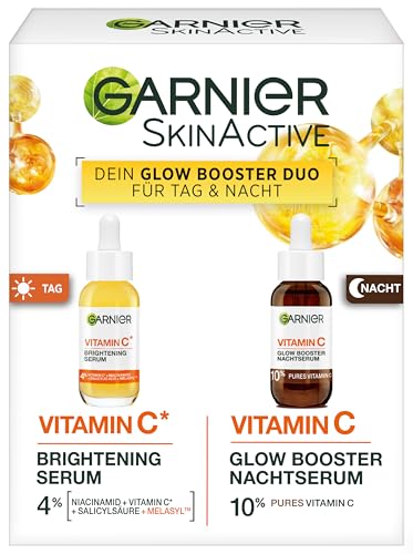 Garnier Vitamin C Serum Set für Tag & Nacht – Anti-Pigmentflecken Gesichtspflege mit 4% Niacinamid + Salicylsäure (Tag) & 10% reinem Vitamin C (Nacht) – Für strahlende Haut & Glow – 2x 30ml 1