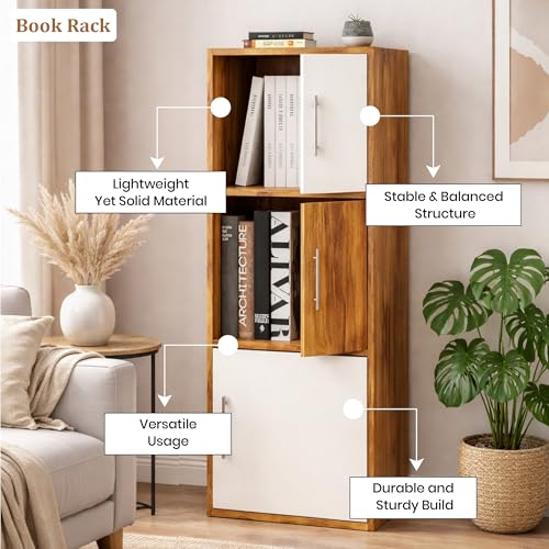 Image of Callas Wooden Book Rack | Multi-Compartment Storage Cabinet | Space-Saving Vertical Bookshelf with Doors | Durable & Sturdy Organizer for Home & Office (Walnut, 3 Tier)