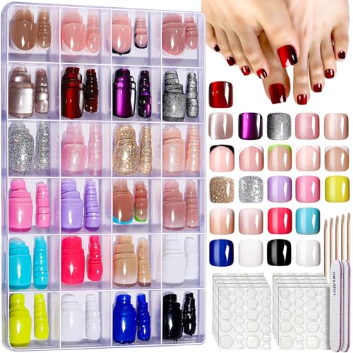 FANDAMEI Press On Toenails - 24 Colors Short Square, French Tips Cat Eye Toe Nail Press Ons for...