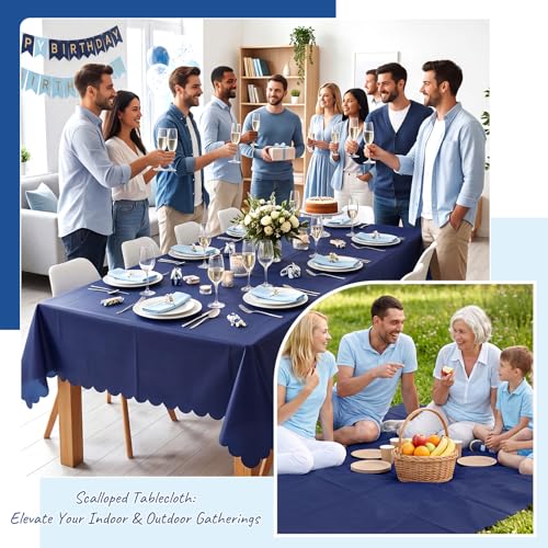 Image of NatNarr 3 Pcs Navy Blue Plastic Tablecloths, Scalloped Blue Table Cloth