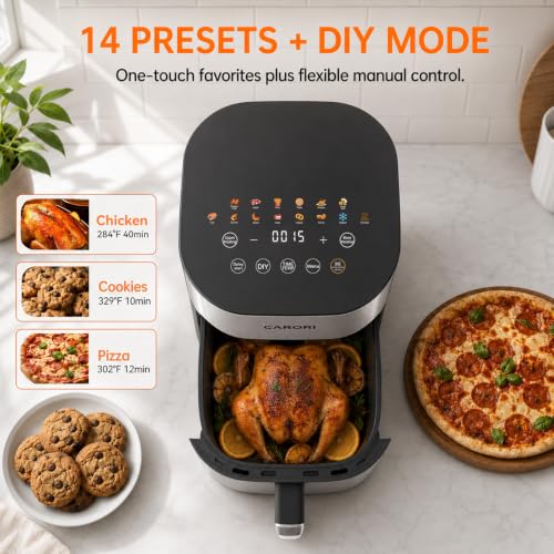 Image of CARORI Air Fryer 6 Qt Dual Heating with Viewing Window, 14 Presets Plus DIY Mode, Includes 2 Reusable Silicone Liners, Dishwasher-Safe Basket and Crisper Tray, Easy Clean Family Size