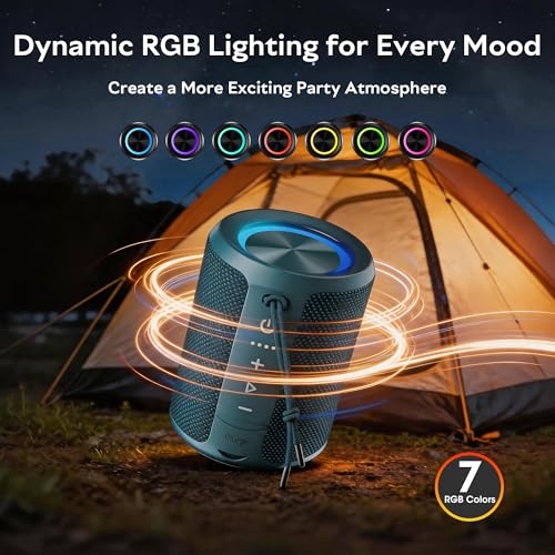 Image of Portable Bluetooth Speaker, IPX7 Waterproof Wireless Speaker with 20W Loud Stereo Sound, 15H Playtime & Beat-Synced RGB Light, Small Outdoor Speaker for Shower, Pool, Beach,Hiking,Gifts(Blue)
