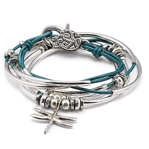 Lizzy James Dragonfly Charm Metallic Teal Leather Wrap Bracelet Necklace (Xlarge) #TOP11