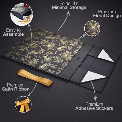 Image of RBS - Black Gift Boxes Combo Set (3 Pack) with Satin Ribbon | Small, Medium & Large Hamper Boxes for Gift Packing, Return Gifts, Saree Packaging Decorative Floral Empty Gift Box (S, M, L)