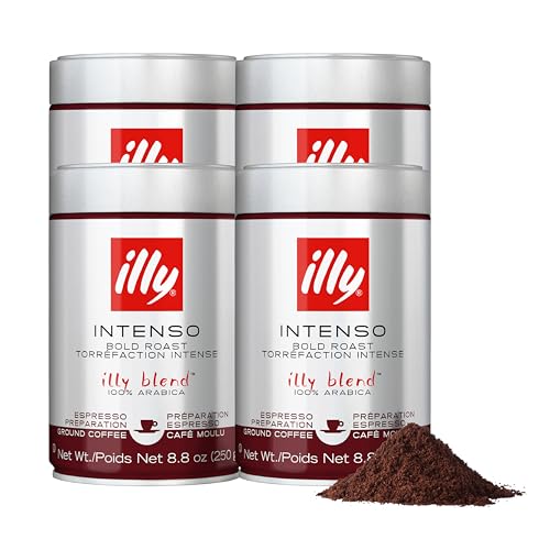 Illy Ground Espresso Coffee, Intenso Bold Roast - Bold & Flavorful - 100% Arabica - Pre-Ground for Espresso - Pressurized Packaging Sealed for Freshness - 8.8oz (Pack of 4)