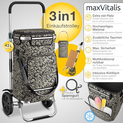 maxVitalis Einkaufstrolley klappbar, Einkaufswagen mit Kühlfach, 3in1 Trolley, Sackkarre & Umhängetasche, Einkaufsrollwagen, Shopping Trolley 43L Kapazität & Spanngurt, Hackenporsche Taupe – Bild 4