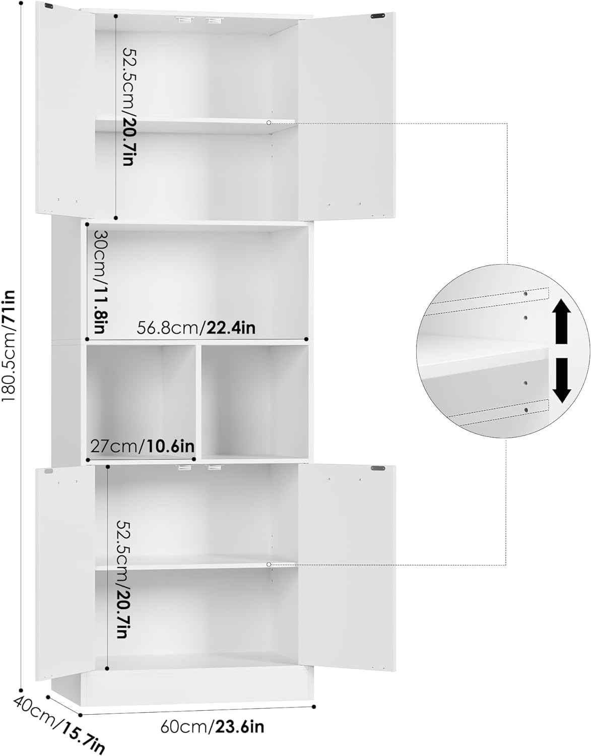 FirFurd Colonna Bagno,Mobile Bagno Alto con 4 Ante e Vani Apert Bianco | Colonna Bagno da Terra,Mobiletto Portaoggetti con Ripiani Regolabili/Rimovibili,per Soggiorno, Camera, Cucina,180.5x60x40cm