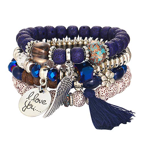 BEUU Multi Layer Versatile Statement Bracelets - Stackable Beaded Strand Stretch Bangles Sparkly Crystal, Wood Bead, Tassel Charm Pendant