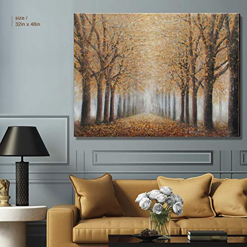Large Tree Wall Art for Living Room Hand-Painted Forest Oil Painting Framed Yellow