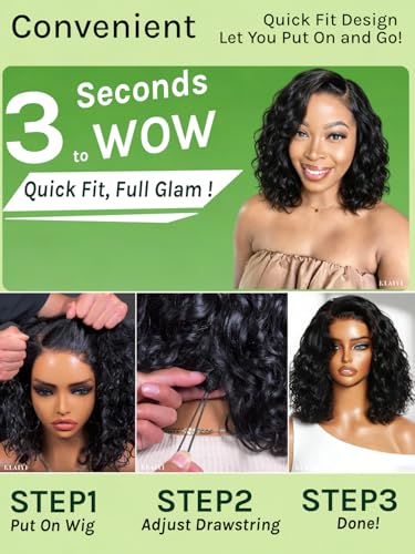 Image of KLAIYI Bye Bye Slip Bob Water Wave Precut 6x4Lace Front Wigs Human Hair 220%Density Side Part Drawstring Curly Glueless Pre Plucked Bleached Knots 3S Ready to Wear and Go Wig Beginner Friendly 14Inch