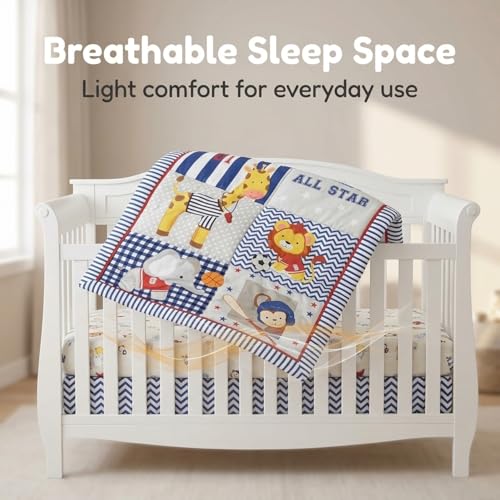 Image of EVERYDAY KIDS 4 Piece Boys Crib Bedding Set - Jungle Sports - Soft 100% Cotton Percale - Includes Quilt, Fitted Sheet, Dust Ruffle and Diaper Stacker - Nursery Bedding Set - Baby Crib Bedding Set