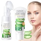 2PCS Aloe Vera Face Wash,Hydrating Gentle Facial Foam Cleanser with Brush,Deep Cleansing Long Lasting Oil Control Aloe Vera Face Foaming Cleanser for All Skin Types