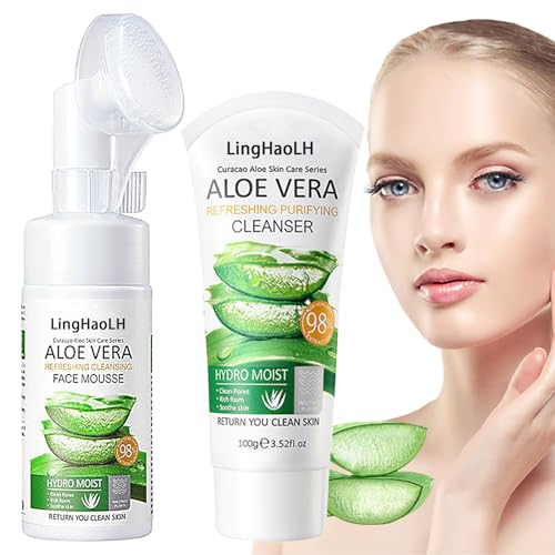2PCS Aloe Vera Face Wash Hydrating Gentle Facial Foam Cleanser with Brush Deep Cleansing Long Lasting Oil Control Aloe Vera Face Foaming Cleanser for All Skin Types