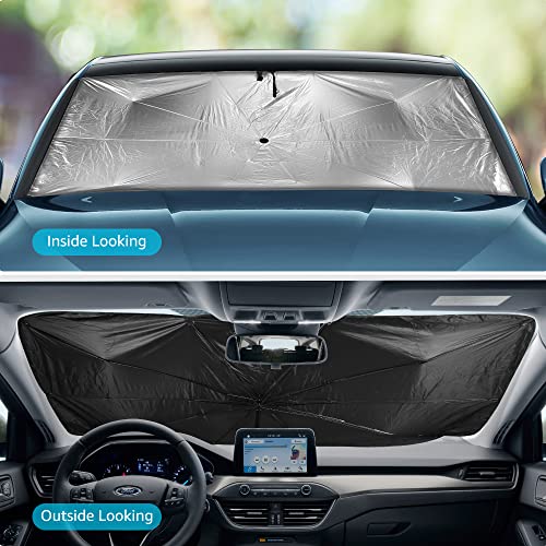 Car Window Shades, Retractable Pop Up Car Sun Shade For Front Window, Windshield Sunshade Umbrella For Most Vehicles 55X31 Inches Black,Open Fork Design To Accommodate Rearview Mirror #TOP6