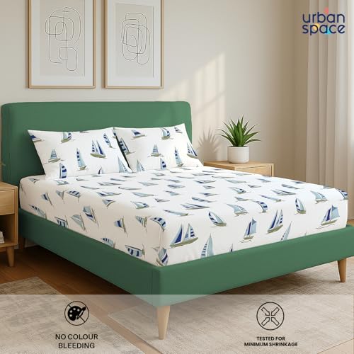 Image of Urban Space 144 TC Divine 100% Cotton Bedsheet for Double Bed with 2 Pillow Covers, Queen Bedsheet (Size 90 x 100 inches, Ocean Boats Blue, Double)