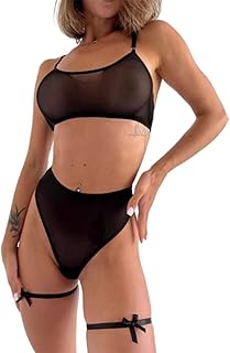 Minimalist Transparent Sexy Women's Lingerie Set, Lace Mesh Underwear with Rings Legs, Soft Bra Thong 3 Pieces, Adjustable...