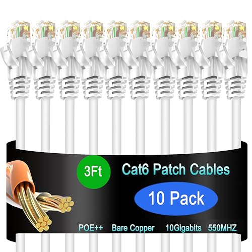 Image of Cat6 Ethernet Patch Cable 3 ft (10 Pack), Cat6 Patch Cable for Data Centers, Cat 6 Patch Cable 10G, Network Patch Cables for Home and Enterprise Network -White