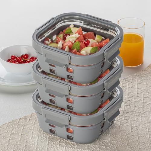 Image of Borosil Klip N Store Plus Square Glass Food Storage Container with Air Tight Glass Lid | Borosilicate Glass Container for Lunchbox | Microwave & Dishwasher Safe | Transparent (Pack of 3, 800 ml)