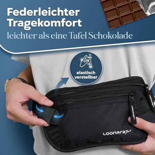 Flache Bauchtasche mit RFID Schutz (wasserdicht) - Geldgürtel für mehr Sicherheit beim Reisen durch RFID Protection - Damen Tasche oder Bauchtasche Herren zum Sport, Joggen und Reisen (schwarz)