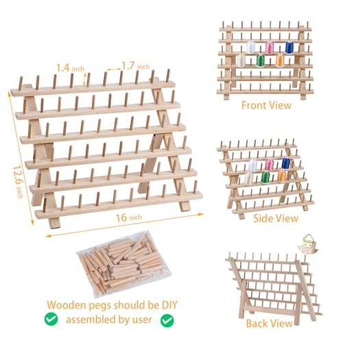 Image of Simthread [Upgraded 60 Spools Wooden Thread Holder, Thread Rack Organizer Stand with Hanging Hooks for Embroidery Sewing Hair Braiding