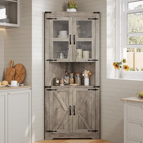 GarveeHome Tall Corner Cabinet, Farmhouse Corner Storage Cabinet with Glass Door & Adjustable Shelves, Space Saving Storage for Living Room, Kitchen, Bathroom, Washed Grey