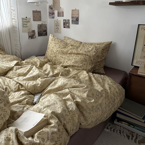 Image of MKXI Beige & Brown Vintage Floral Duvet Cover Set Twin Size - 3 Piece Soft&Breathable Boho Bedding Set with Geometric Patterns, 100% Cotton Aesthetic Duvet Cover with Zipper Ties & Pillowcases