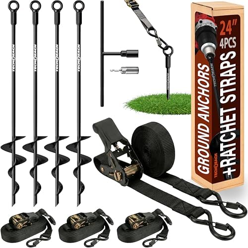 Ground Anchors Screw in Kit with Ratchet Straps (18” 24” 30”, 3/4...