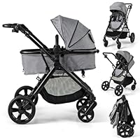 COSTWAY 2 in 1 Baby Pushchair, Foldable Travel System Pram with Reversible Seat, Adjustable Canopy & Handle, Storage Basket, Cup Holder, Lightweight Infant Stroller for 0-36 Months (Grey)