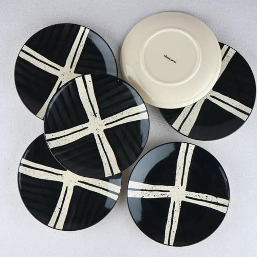 Image of BLACKCARROT Ceramic Quarter Plates Small Dinner Plates Set of 6 Handcrafted Stoneware Black Splash & Serving Platter for Snacks & Dessert Microwave and Dishwasher Safe -Size 7.5 Inches