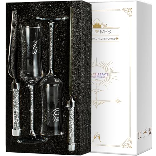 La mejor comparación de Juegos de flauta disponible en línea para comprar. 43 Juego de flautas de champán para boda y cuchillo para servir pastel de iooiluxry, flautas de champán Mr y Mrs, copas de champán para novia y novio y juego para cortar pastel...