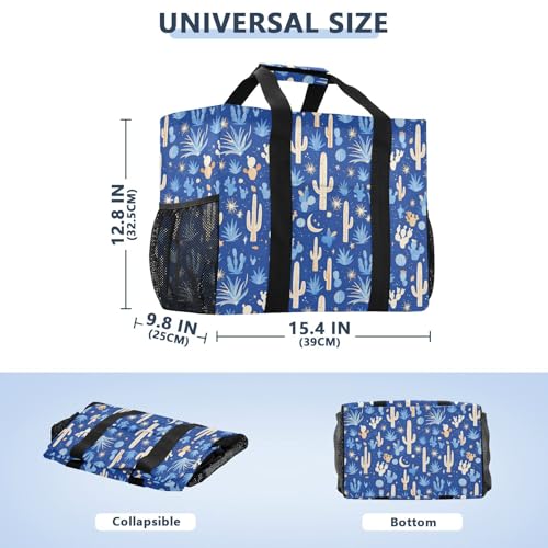 linqin Blue Cacti Polka Dot Tote Utility Bag with Handles Foldable Shopping Bags Reusable with Pockets for Travel3