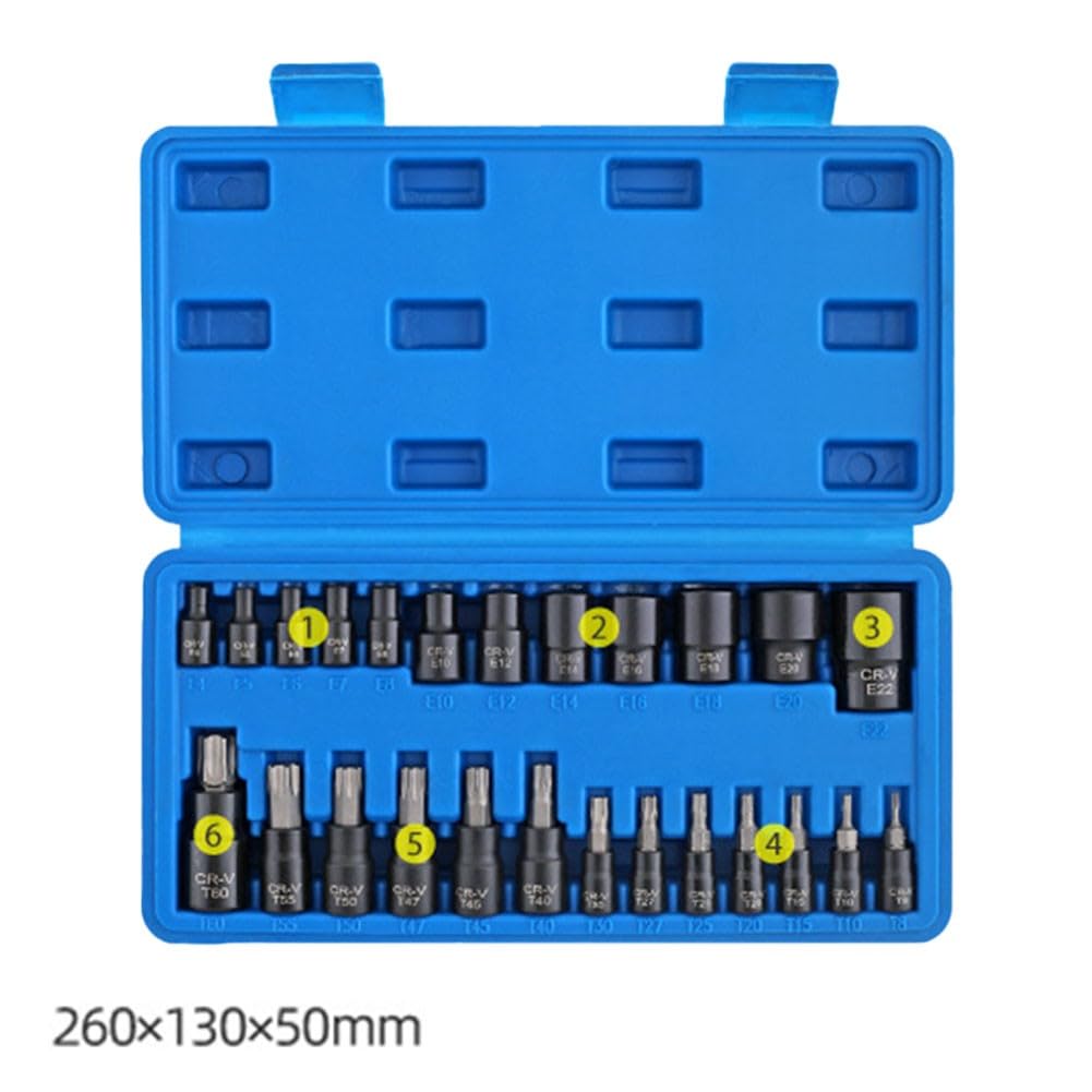 EasyByMall Set di 25 chiavi a bussola Torx ed E, in acciaio legato, punte a stella T8-T60, chiavi Torx esterne Cr-V E4-E22, kit di attrezzi meccanici professionali con custodia