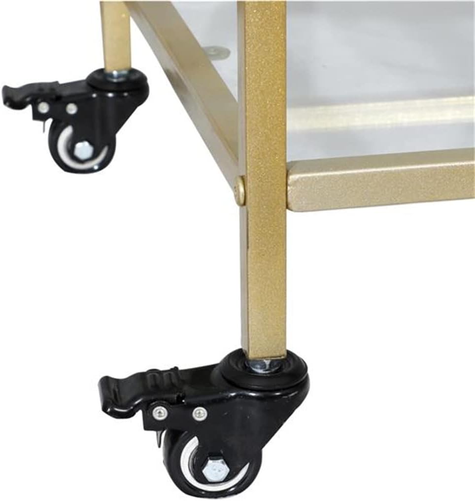 International Bar Serving Cart Dining Car Storage Rack 2-Layer Gold Metal Frame Glass Top Shelf