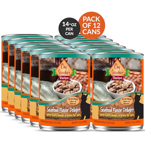 Image of Scoochie Pet Products Chef Scoochie's Tender Seafood Chunks in Gravy Wet Cat Food - Easy Open Pop-Top Cans - Protein & Essential Nutrients - Gourmet Meal for Indoor & Outdoor Cats 12 Cans (14 oz e.)