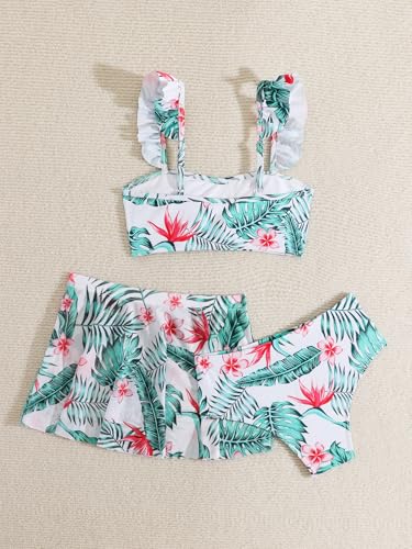 Image of Girl's 3 Piece Bikini Set Tropical Print Bathing Suit High Waist Swimwear with Skirts Cover Ups Green 160