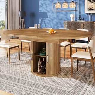 Gxffipw Extendable Dining Table Kitchen Table for 4-6 People, Minimalist Round Dining Tables with Storage Space and Doors, Kitchen Furniture with Shelves, Extends to Oval, Walnut, 118-158x118x76.8 cm