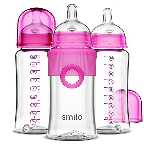 Image of Smilo Baby Bottle Set with Stage 0 Slow Flow Anti Colic Nipple, 10 Oz / 300 ml Capacity, 3X Pack of Anti Colic Baby Bottles 0-3 Months - Pink