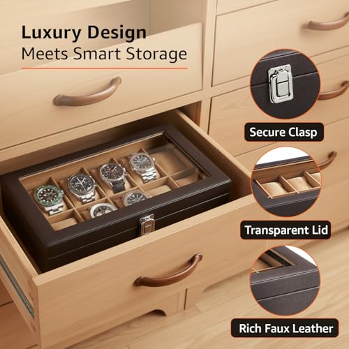 Image of amazon basics Unisex Faux Leather Watch Organiser Box with 12 Slots |Watch Organiser with Transparent Lid |20.5D X 33.5W X 8H cm | Brown