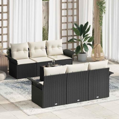 sephironlbb Juego de sofás de jardín de polirratán negro con cojín, 7 piezas, resistente a la intemperie, modular con tablero de cristal y espacio de almacenamiento para terraza, balcón, exterior