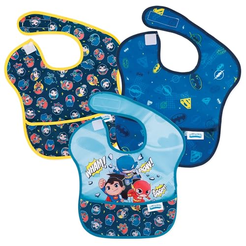Image of Bumkins Bibs for Girl or Boy, SuperBib Baby and Toddler 6-24 Months, Essential Must Have for Eating, Feeding, Baby Led Weaning Supplies, Mess Saving Catch Food, Fabric, 3-pk DC Comics Super Friends