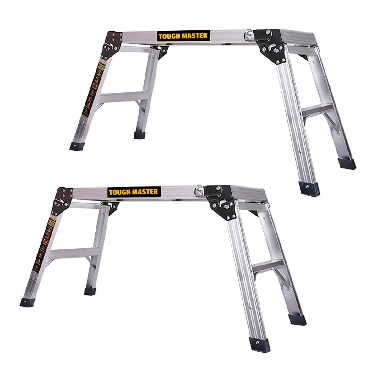 Aluminium Work Platform Pack of Two 760 x 300mm 2 Step Up Ladder Folding Hop Up Fold Bench Stool Work Platform Foldable Design To Sit On, Indoor/Outdoor Job Step Ladder Twin Pack TOUGH MASTER