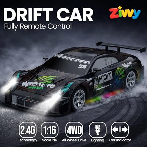 Image of Big Remote Control Car Black | 2.4G RC Drift Vehicle with 100 m Range, Smoke Effect, Neon Lights & Music | Rechargeable Remote Control Car | Best Gift for Boys & Girls 2 3 4 5 6 7 8+ Years