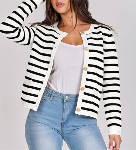 Women Striped Cardigan Sweaters Knitted Gold Buttons Crew Neck Sweater with Pocket Cropped Knit Lady Casual Jackets Coat3