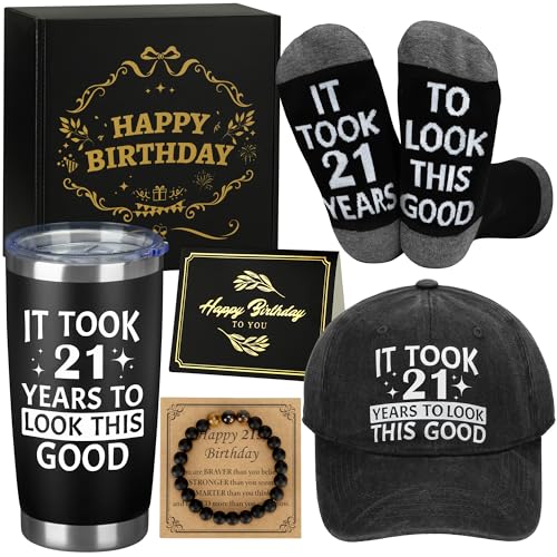 21st Birthday Gifts for Him - Premium Black Gift Set Including Stainless Steel Tumbler 20oz, Baseball Cap, Cotton Socks, Natural Stone Bracelet & Birthday Card – It Took 21 Years to Look This Good