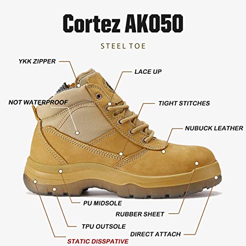ROCKROOSTER Men's Side Zip Work Boots, 5" Steel Toe Lace Up Safety Boots, Static Disspative, Water Resistant, YKK Zipper, Coolmax, Non-slip, Breathable, Comfort(AK050 & AK050BK)3
