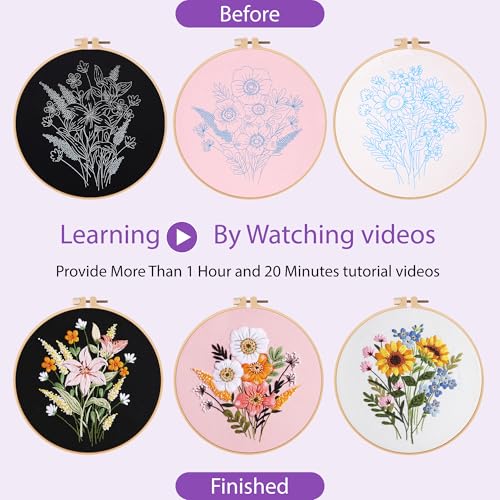 Image of Uniartfy 3 Sets Embroidery Kit for Adults, Flower Pattern Embroidery Practice Kits for Beginners, Needlepoint Cross Stitch Kits Include Hoop, Colorful Threads, Tools, Easy to Learn Video & Instruction